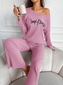 EURMUSE Conjunto De Pijama De Punto Estampado Con Texto/estampado De Costilla Para Mujeres, Para Uso En Casa - Rosa - Ver 4