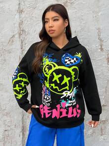 SHEIN EZwear 加大码卡通标语图案落肩卫衣 - 黑色 - 查看 5