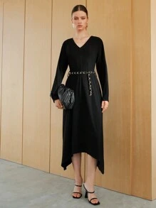 Solid V Neck Belted Dress Fall Cloth For Women - Black - View 4