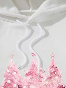 SHEIN EZwear Christmas Print Kangaroo Pocket Drawstring Thermal Hoodie - White - View 4