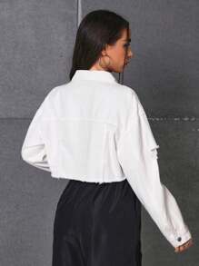 SHEIN Frenchy Áo khoác denim một hàng khuy rách dành cho nữ - trắng - Xem 2