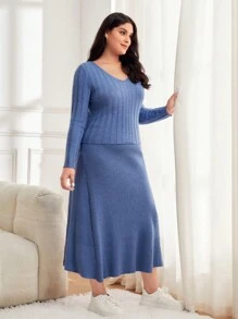 Mulvari Plus Solid V Neck Sweater & Knit Skirt - Blue - View 3