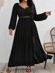 SHEIN VCAY 大碼水溶蕾絲拼接燈籠袖高衩洋裝 - 黑色 - 查看 3