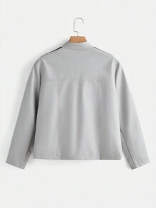 SHEIN EZwear 大碼織帶拼接拉鏈開襟PU皮革夾克 - 彩色 - 查看 2