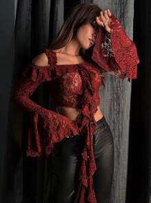 SHEIN Unity Vai lạnh Viền Ruffle tay áo lá sen Ren Áo - Màu Đỏ Sâu - Xem 6