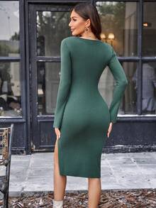 SHEIN Privé 素色高衩不對稱領緊身毛衣洋裝 - 墨綠色 - 查看 2