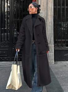 RueChic Lapel Neck Drop Shoulder Belted Coat - Black - View 1