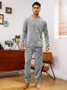 Men Solid Flannel PJ Set / Pajama Set - Light Grey - View 3