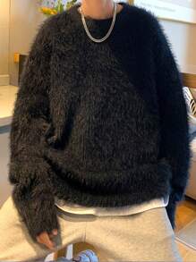 Men Solid Drop Shoulder Oversized Fluffy Sweater - Black - View 4