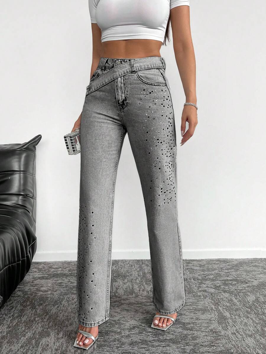 EURMUSE Jeans With Beaded Belt Decoration - Light Grey - View 1