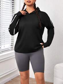 Easithlete Plus Contrast Tape Drop Shoulder Hooded Sports Sweatshirt - Black - View 3