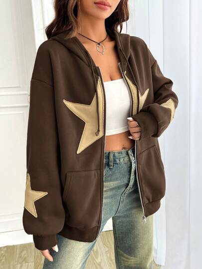 SHEIN EZwear 女士连帽卫衣，饰有星星贴片和抽绳，长袖上衣，秋冬季款