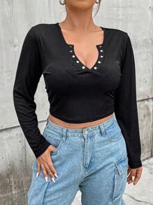 SHEIN MOOSTA Talla grande Camiseta crop de cuello notch - Negro - Ver 1