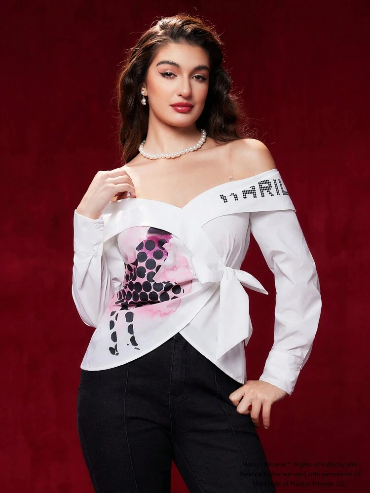 Letter Graphic Off Shoulder Knot Side Wrap Blouse