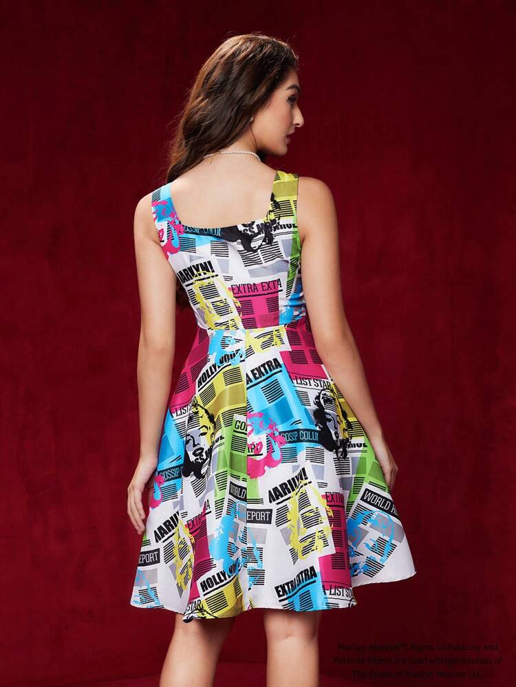 Retro Elegant Character And Letter Print Square Neck Waist Dress For Summer