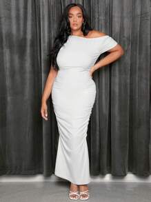 SHEIN SXY Talla grande Vestido de cuello asimétrico fruncido lateral bajo sirena - Blanco - Ver 3