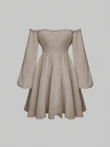 SHEIN Unity 一字肩燈籠袖胸部褶皺洋裝 - 杏色 - 查看 1