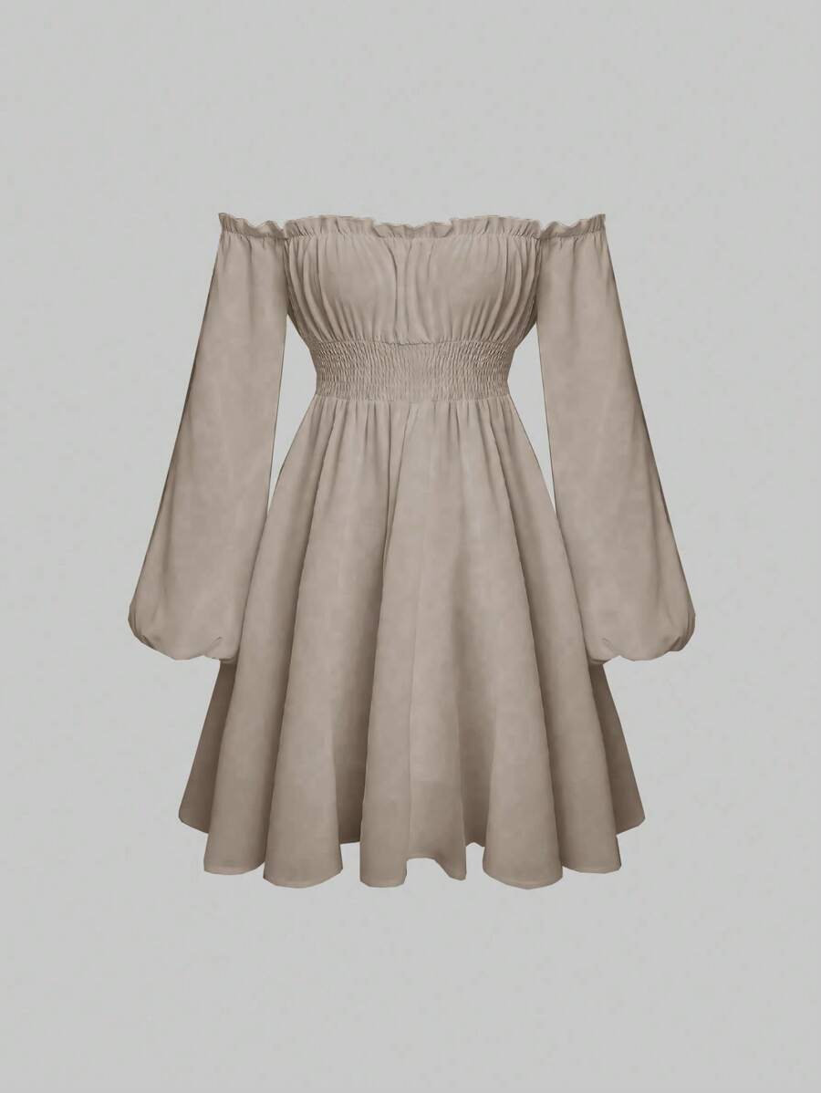 SHEIN Unity Off Shoulder Lantern Sleeve Ruched Bust Dress - Apricot - View 1