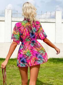 SHEIN Swim Summer Beach Tropical Print Drawstring Waist Cover Up - Multicolor - View 2