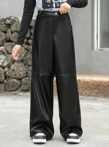 SHEIN Girlism Tween Girls Loose College Style PU Mid-Waist Wide Leg Cargo Pants