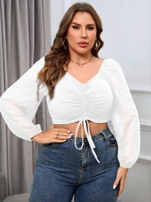 SHEIN Privé Plus Off Shoulder Drawstring Front Lantern Sleeve Crop Top - White - View 4