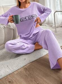 RueChic Letter Graphic Drop Shoulder Tee & Pants Lounge Set - Mauve Purple - View 5