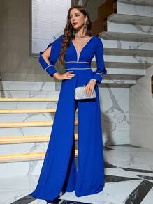 Contrast Mesh Split Sleeve Party Jumpsuit - Royal Blue - View 1