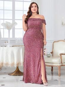 露肩鑲珠晚禮服 - 藕粉色 - 查看 1