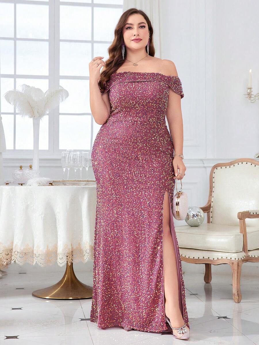 露肩鑲珠晚禮服 - 藕粉色 - 查看 1