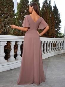 Sweetheart Neck Butterfly Sleeve Chiffon Bridesmaid Dress - Dusty Pink - View 3