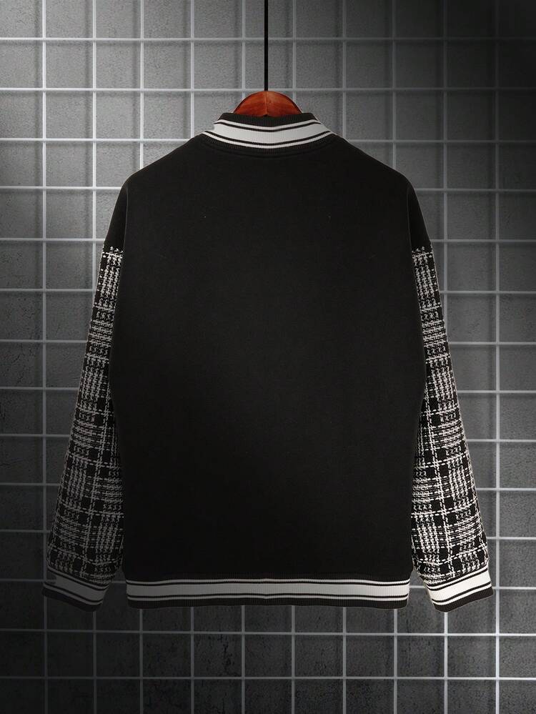 Men's Oversized Varsity Jacket With Plaid & Letter Graphic, Striped Trim And Drop Shoulder Design