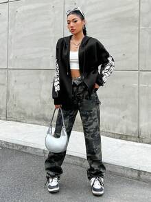 SHEIN EZwear 女士字母印花拉鍊前開帽衫 - 黑色 - 查看 6