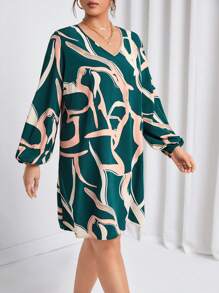 SHEIN Frenchy Plus Graphic Print Lantern Sleeve Dress - Dark Green - View 4