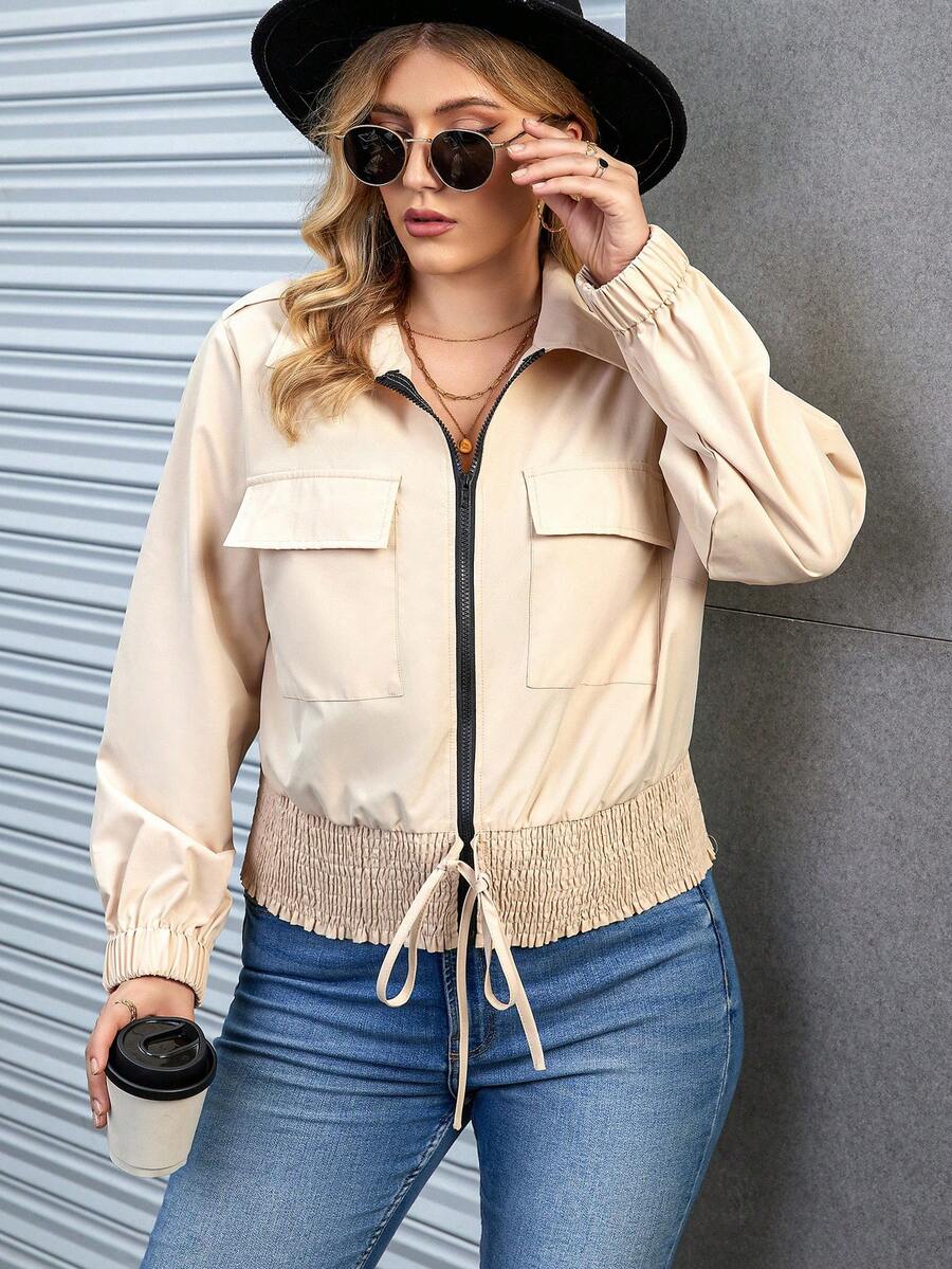 Calvaya Hơn Túi có nắp Cà vạt viền Áo khoác - Màu Khaki - Xem 1