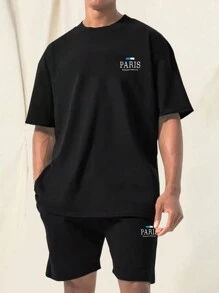 Manfinity Homme Loose Fit Men's Letter Printed T-Shirt & Drawstring Waist Shorts - Black - View 1