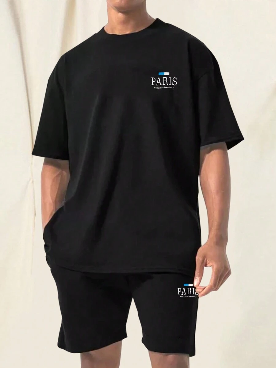 Manfinity Homme Loose Fit Men's Letter Printed T-Shirt & Drawstring Waist Shorts - Black - View 1