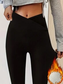Solid Thermal Lined Leggings - Black - View 1