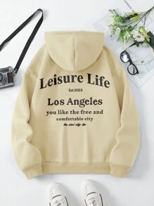 SHEIN Unity Áo hoodie có dây rút in khẩu hiệu thoải mái hàng ngày dành cho nữ, dáng rộng, vai trễ, túi , lót nhiệt, thu/đông - Màu be - Xem 1