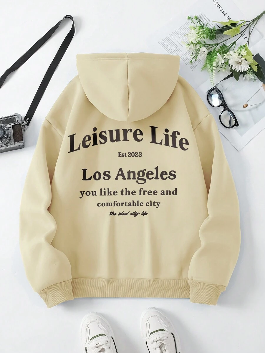 SHEIN Unity Áo hoodie có dây rút in khẩu hiệu thoải mái hàng ngày dành cho nữ, dáng rộng, vai trễ, túi , lót nhiệt, thu/đông - Màu be - Xem 1