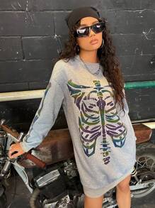 SHEIN EZwear Reflective Skeleton Print Drop Shoulder Sweatshirt Dress