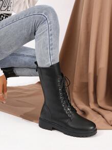 Black color Front Lace-up Combat Boots - Black - View 2