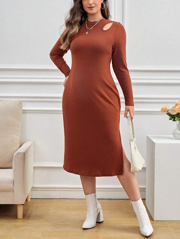 Plus Size Hollow Out & Rib Texture & High Side Slits Dress