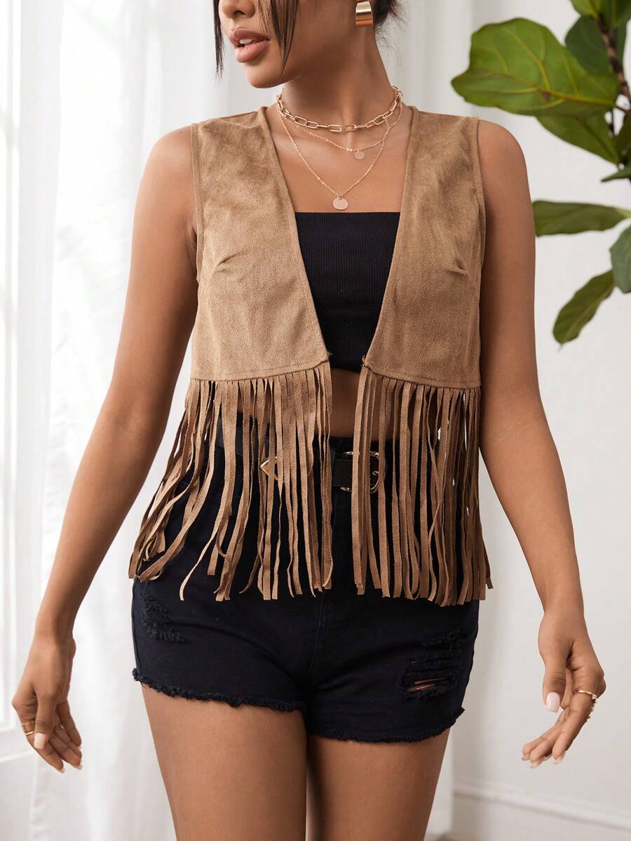 SHEIN VCAY 流蘇下擺開門襟夾克背心 - 棕色 - 查看 1