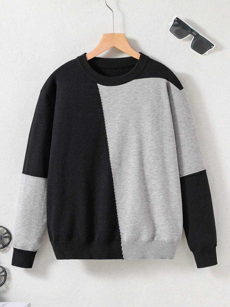 青少年男孩雙色落肩袖套頭毛衣 - 彩色 - 查看 1