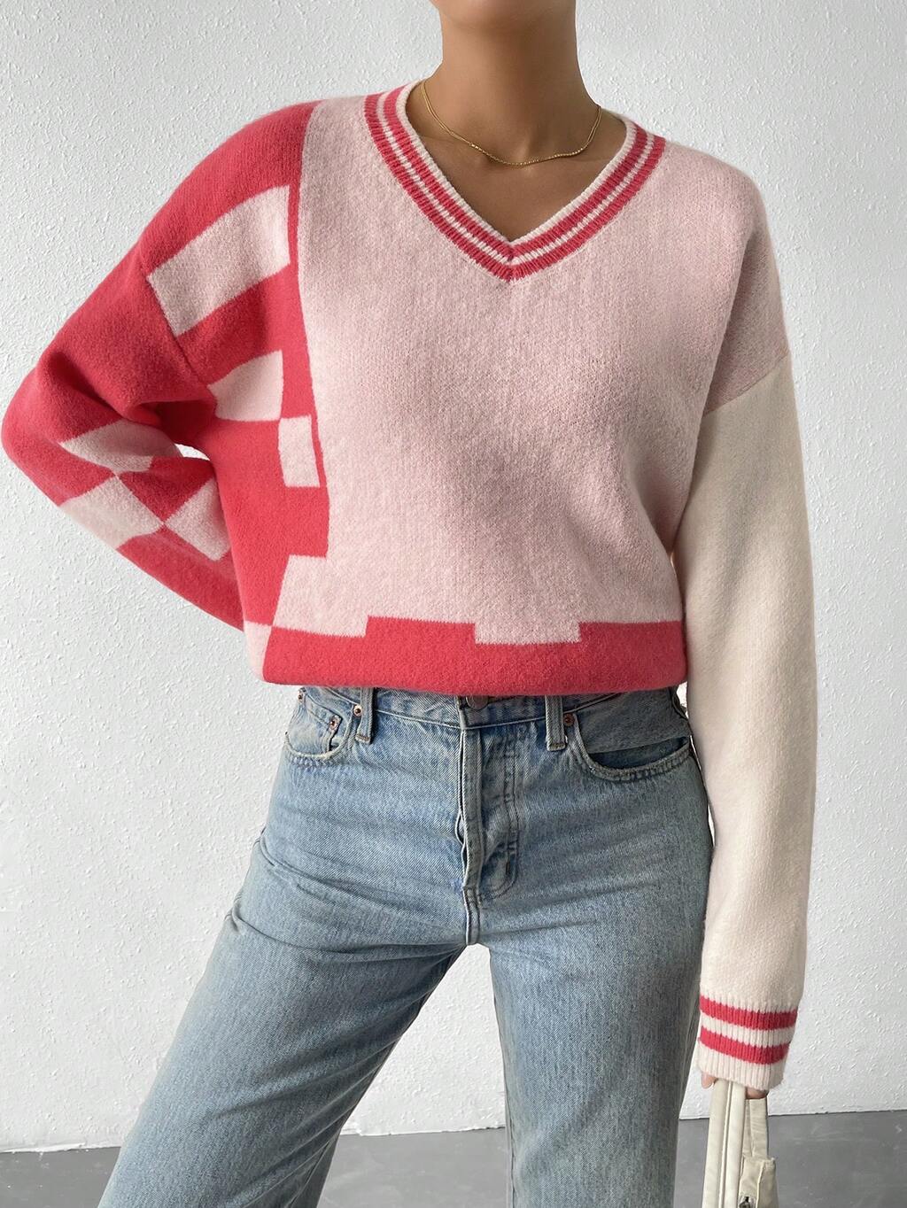Geo Pattern Colorblock Drop Shoulder Striped Trim Knit Pullover Fall Winter Sweater