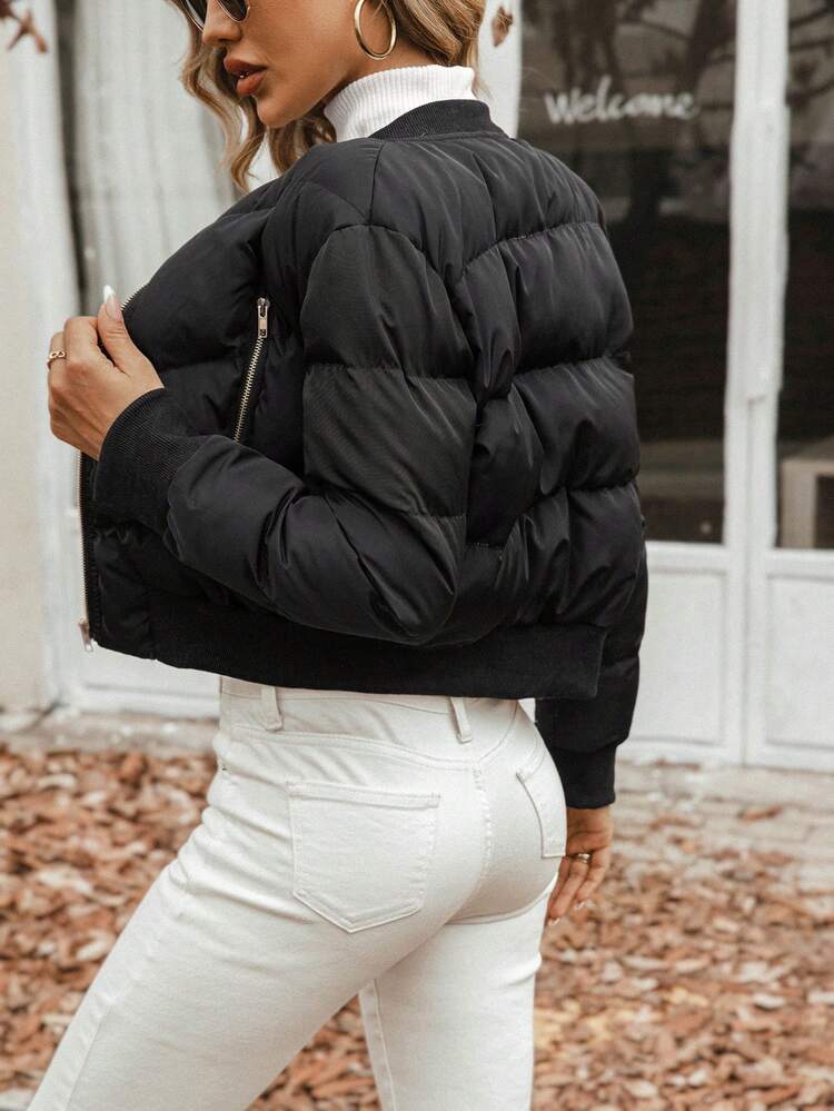 Zip Up Crop Padded Coat For Winter Fall Cloth For Women