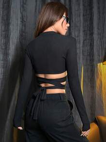 SHEIN Unity Cross Strap Hollow Out Cropped Top - Black - View 2