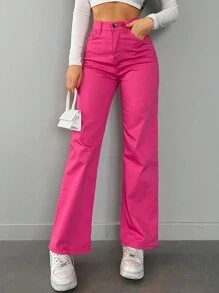 EURMUSE High Waist Straight Leg Jeans Pink - Hot Pink - View 6