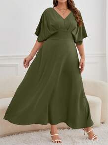 SHEIN Privé 大碼素色蝙蝠袖洋裝 - 軍綠色 - 查看 4