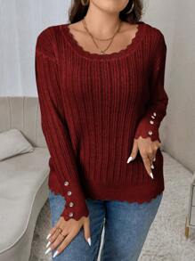 SHEIN Clasi Áo len cổ tròn có khuy cài và viền ren, thích hợp mặc mùa đông hoặc mùa thu. - Màu Đỏ Sâu - Xem 4